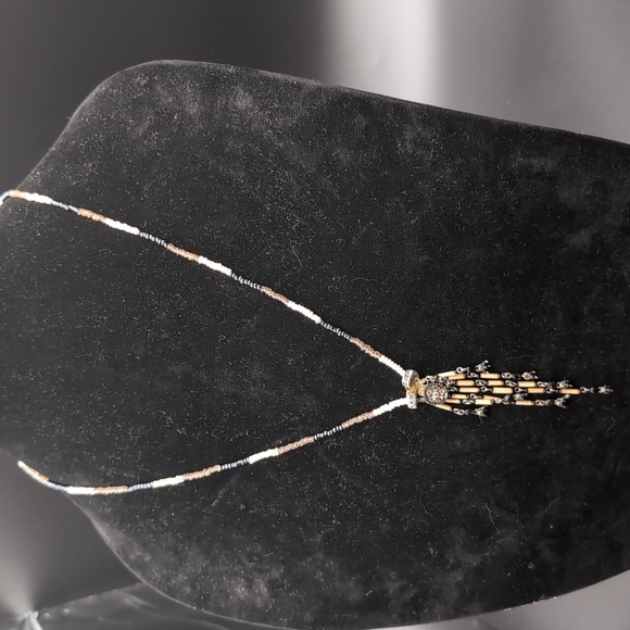 Black and Cream Beaded Handmade Bohemian Necklace - Picture 4 of 11